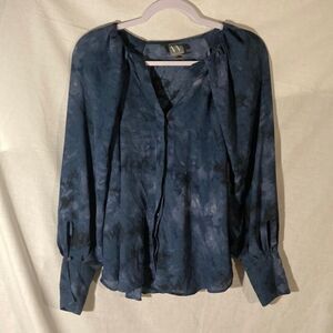 WORTHINGTON blue black purple semi sheer raglan sleeve button up top PL